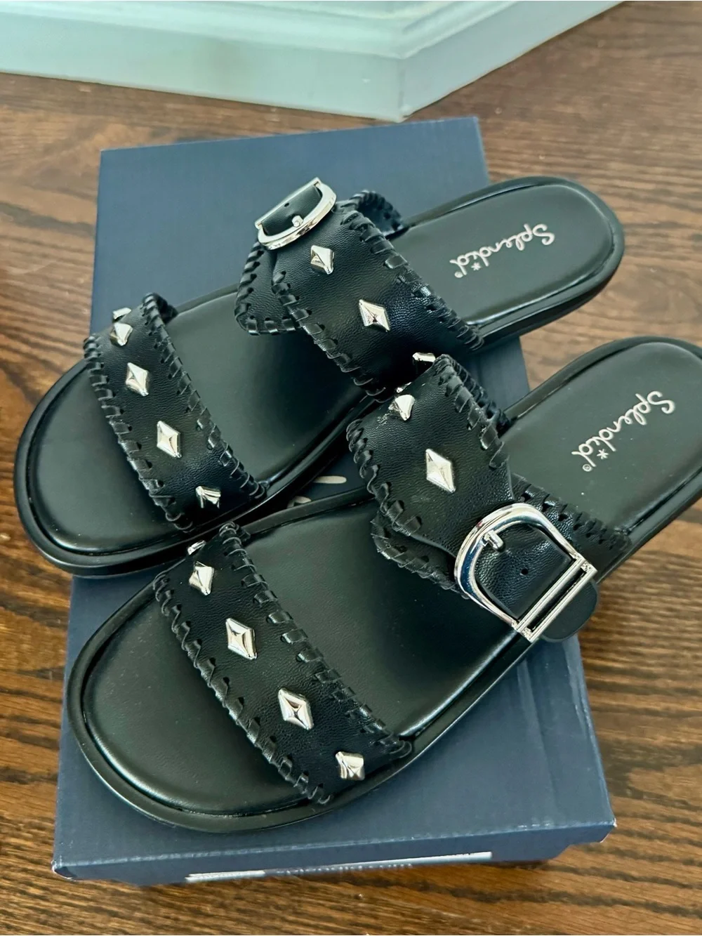 New in Box! Splendid Felix Black Silver Studded Double Strap Slide Sandal